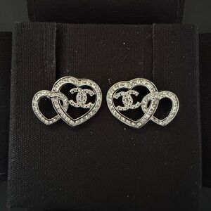 CHANEL Silver Crystal Interlocking Heart Logo Earrings